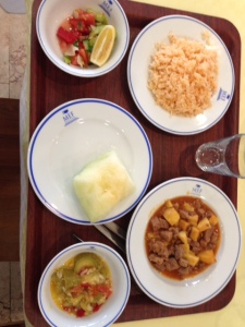 Day 1 - Meat and potato stew, rice, courgette in olive oil. Tomato and cucumber salad. Melon